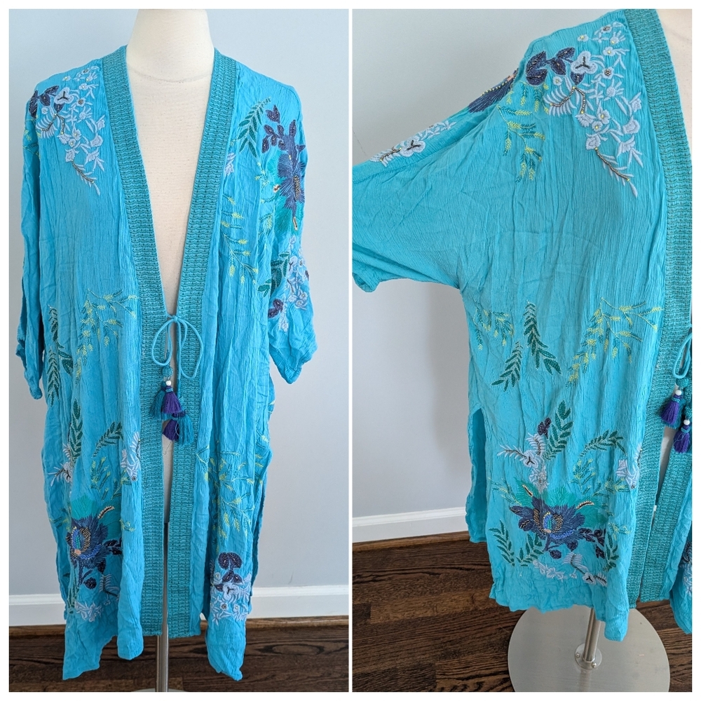 Women's Chico's Embroidered Beaded Turquoise Kimono Coverup Small / Medium
